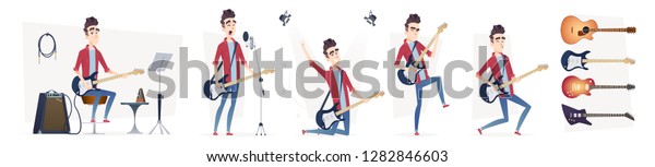 Guitarist Different Dynamic Poses Guitar Player Stock Vector (Royalty ...