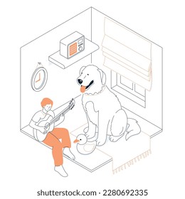 Guitarist with a dog - modern line design style isometric illustration on white background. Composition with musician and his pet resting in the apartment. Playing with rubber duck, listening to radio