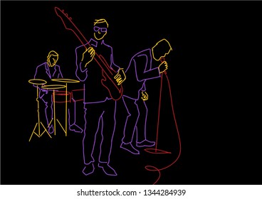 Guitarist, drummer and singer performs on stage. Musical band show. Neon colors, sketch style.  Colorful lines on black background. Vector illustration.