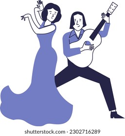 Guitarist and flamenco dancer. Vector folk dance scene.