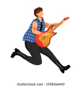 Guitarist flat color vector illustration. Jumping guitar player. Musician. Music band member. Rock and roll. Man with musical instrument. Concert, gig. Instrumentalist. Isolated cartoon character