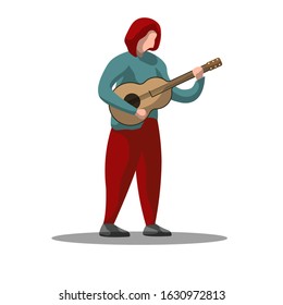 Guitarist flat color vector illustration. Rock festival. Sitting guitar player. Musician. Music band member. Rock and roll. Man with musical instrument. Concert. Isolated cartoon character on white