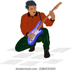 Guitarist in full immersion in playing olive green pants and a light brown shirt