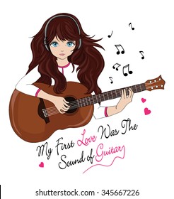 Guitarist girl vector design.Musician children drawing.My first love was the sound of guitar slogan.