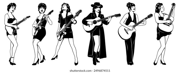 Guitarist Girls Set. Women playing acoustic and electric guitars. Black and white vector cliparts isolated on white.