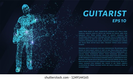 Guitarist. A grid of blue stars in the night sky. Glowing dots create the figure of the guitarist. Music, performances, rock and other illustration or background concepts