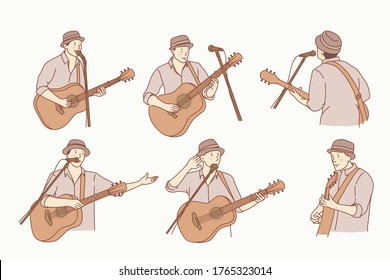 Guitarist guitar player. Hand drawn style vector design illustrations.