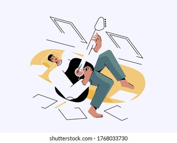 Guitarist in his room playing guitar minimalist vector illustration. Character design.