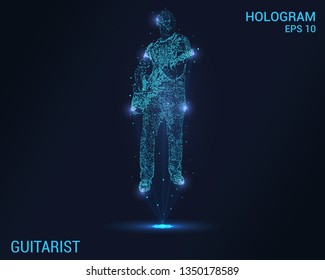 Guitarist hologram. Digital and technological background guitarist. Futuristic music design