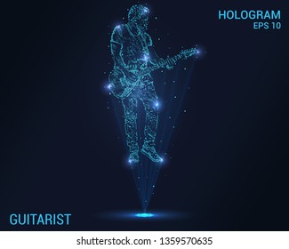 Guitarist hologram. Digital and technological background guitarist. Futuristic guitarist design