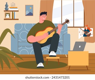 Guitarist at home concept. Man playing and guitar and sitting indoor. Talented musician singing and rehearsing. Creativity and art. Hobby and leisure. Cartoon flat vector illustration