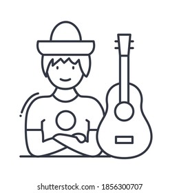 Guitarist icon, linear isolated illustration, thin line vector, web design sign, outline concept symbol with editable stroke on white background.