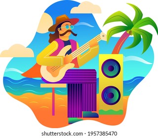 Guitarist illustration done in vectors format, colored in gradient root..... beach side vibes with music...