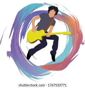 Guitarist jump with the yellow guitar, vector illustrattion