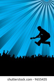 guitarist jumping into a crowd at a concert with a blue background