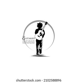 Guitarist logo. guitarist holding guitar walking forward