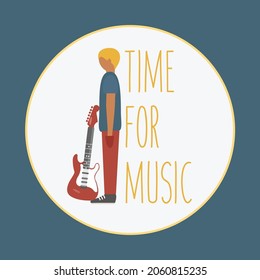 Guitarist man flat design. electric guitar vector isolated standing on white background. text time for music cartoon. musician in concert waiting for his turn to play. rock and roll illustration art
