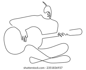 Guitarist in Minimal One Line Art Drawing. Woman Sitting Down and Playing a Guitar