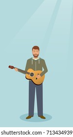 Guitarist with musical instrument standing alone. Musician man with guitar. Vector illustration.