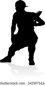 A guitarist musician in detailed silhouette playing his guitar musical instrument.
