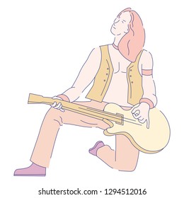 Guitarist musician with electric guitar rock music concert vector rocker with string musical instrument man in leather vest standing on knee player live sound performance isolated male character.