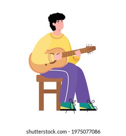 Guitarist musician male cartoon character sitting on chair with a guitar, flat vector illustration isolated on white background. Young man playing the guitar.