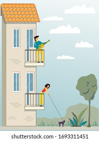 Guitarist on the balcony of the second floor with a woman walking the dog from the balcony