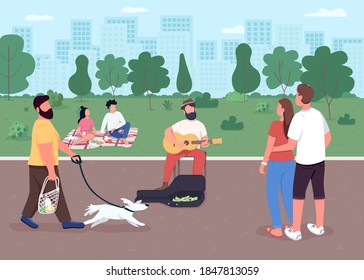 Guitarist on street flat color vector illustration. Acoustic guitar player earn money. Outdoors music concert. Performing musician 2D cartoon characters with urban park on background