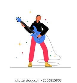 Guitarist Performing Live In Flat Vector Illustration Symbolizing Music, Talent, And Entertainment, Isolated On White Background.