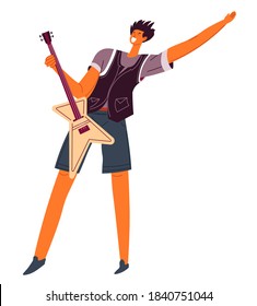 Guitarist performing songs on electric guitar, isolated male character with string instrument. Hobby or professional musician on live concert or rehearsal. Festival of music party. Vector in flat