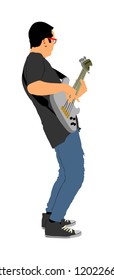 Guitarist player vector illustration isolated on white background. Popular music super star on stage. Guitar music instrument. Rock and roll concert. Country club event. live public entertainment.