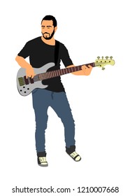 Guitarist player vector illustration isolated on white background. Popular music super star on stage. Guitar music instrument. Rock and roll concert. Country club event. live public entertainment.