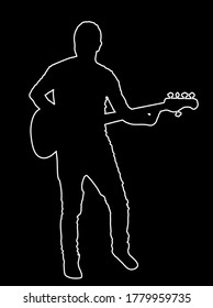 Guitarist Player Vector Line Contour Silhouette Isolated On Black. Popular Music Super Star On Stage. Guitar Music Instrument. Rock And Roll Concert. Country Club Event. Live Public Entertainment.