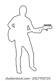 Guitarist player vector line contour silhouette illustration isolated. Popular music super star on stage. Guitar music instrument. Rock and roll concert country club event. Public entertainment.