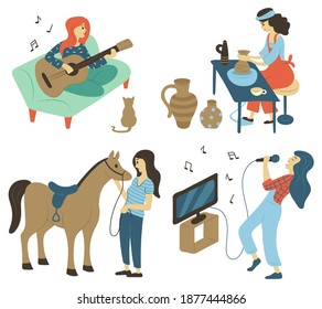 Guitarist player woman vector, isolated people hobby interests. Lady playing guitar sitting on sofa with cat, karaoke singing and horse equestrian sport, pottery