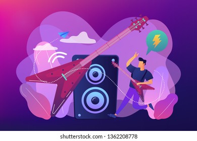 Guitarist playing the electric guitar at concert, tiny people. Rock music style, rock and roll party, rock music festival concept. Bright vibrant violet vector isolated illustration
