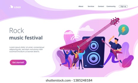 Guitarist playing the electric guitar at concert, tiny people. Rock music style, rock and roll party, rock music festival concept. Website homepage landing web page template.