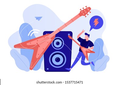 Guitarist playing the electric guitar at concert, tiny people. Rock music style, rock and roll party, rock music festival concept. Pinkish coral bluevector isolated illustration