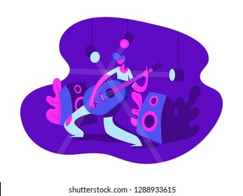 Guitarist playing electric guitar on the stage. Music concept. Vector illustration in flat style