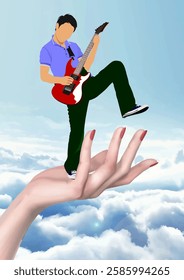 Guitarist playing electric guitar while standing on a giant hand in the sky  a surreal concept of music and support. Hand drawn Illustration