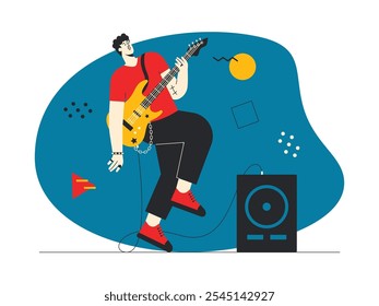 Guitarrista tocando la guitarra conectado a grandes altavoces con pasión en rojos y negros, rock n 'roll Ilustración vectorial.