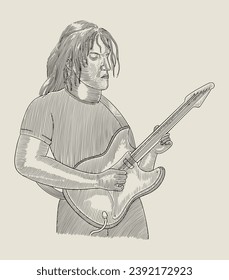 Guitarist playing his electro bass guitar, vintage engraving drawing style illustration