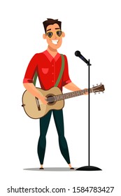 Guitarist playing musical instrument singing in microphone. Rock music. Rock-and-roll party or festival. Cartoon street musician. Acoustic guitar. Vector flat illustration. Isolated on white