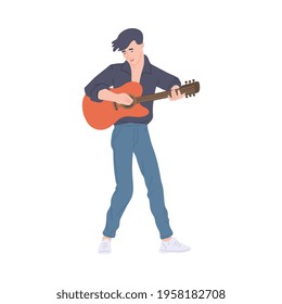 Guitarist playing on acoustic guitar. Music entertainment, live show. Flat vector illustration isolated on a white background.