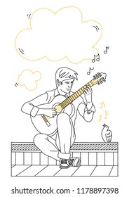 Guitarist playing in the park. Hand-drawn vector illustration.