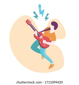 The guitarist plays the electric guitar. Musician performs rock or rock and roll on a white background