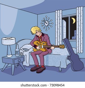 Guitarist Plays In A Seedy Hotel Room With Vintage Fixtures.