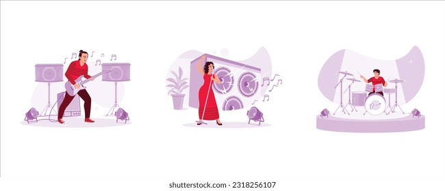 The guitarist plays stunningly on stage. Female singer in a dress singing melodiously. The band drummer is practicing seriously for the concert. Trend Modern vector flat illustration.