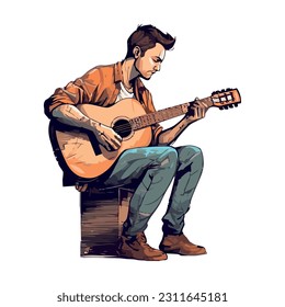 guitarist plucking strings on acoustic guitar icon isolated