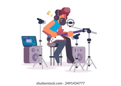 Guitarist Recording Studio. Vector illustration of a guitarist recording music in a studio setup with microphones and speakers